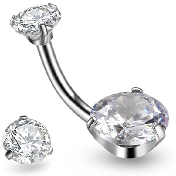 Round Cubic Zirconia Small Stone Screw Silver Belly Ring - Picture 1 of 9